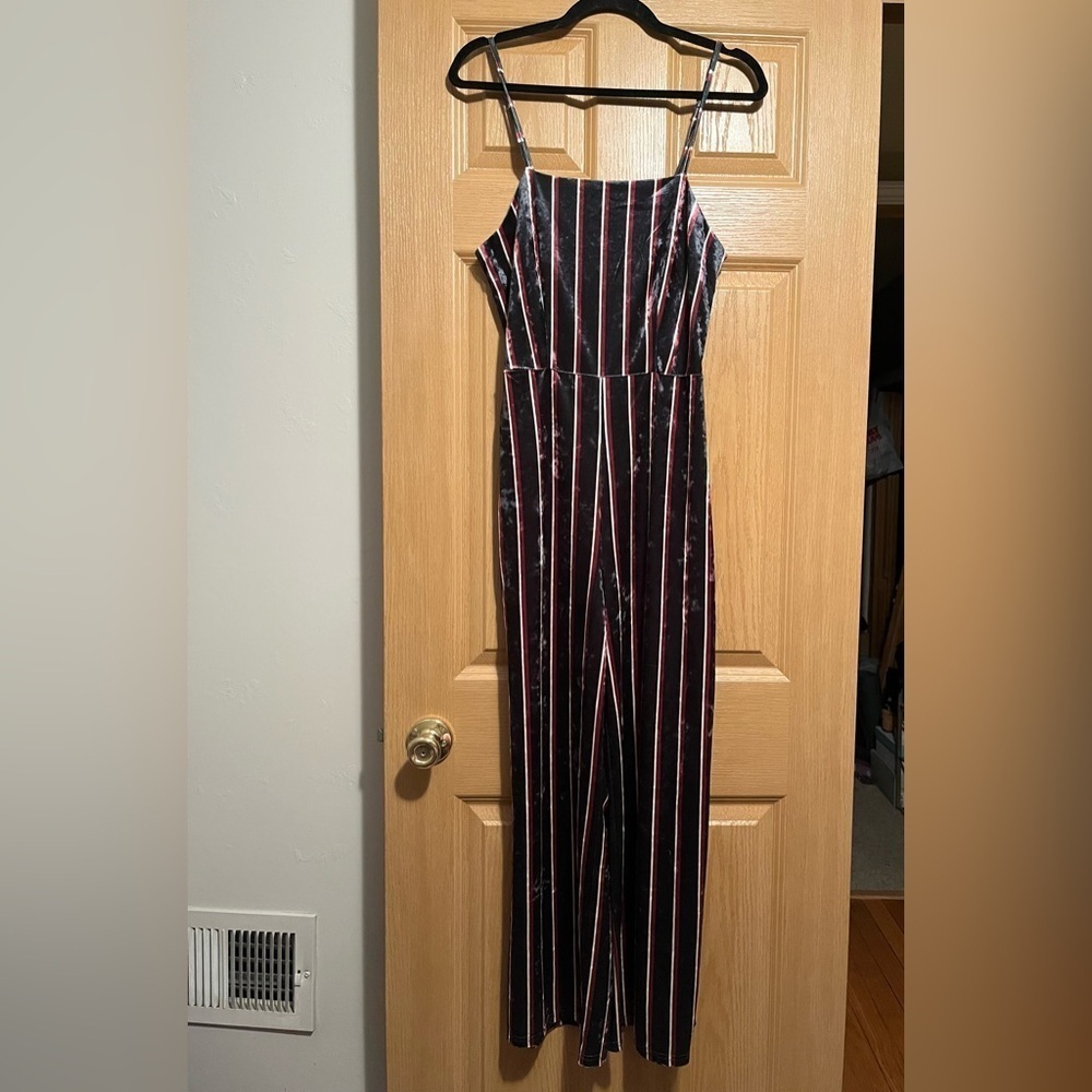 Sadie and Sage Green Velvet Striped Jumpsuit